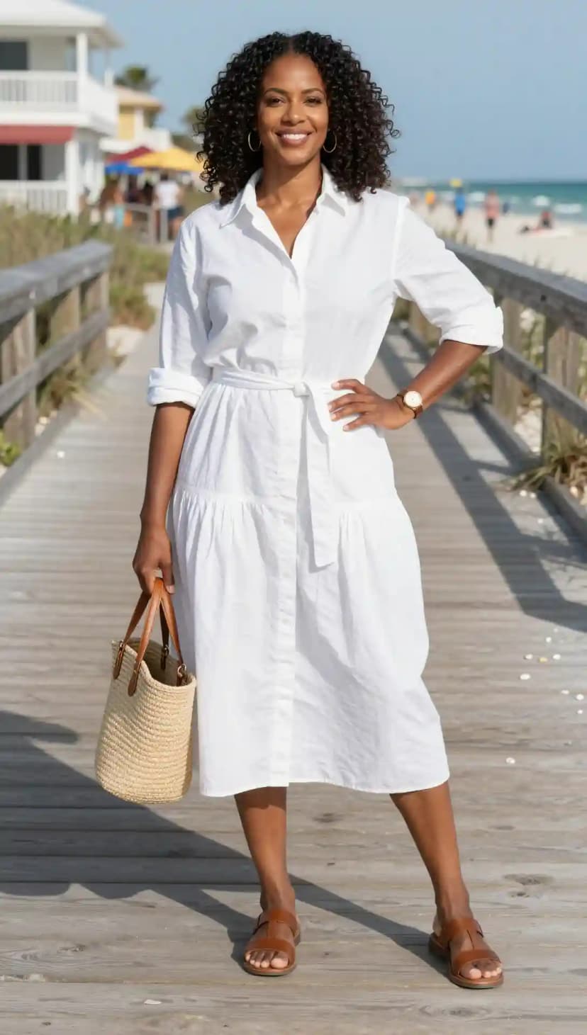 Classic and breezy white cotton midi shirt dress paired with brown leather sandals on a boardwalk