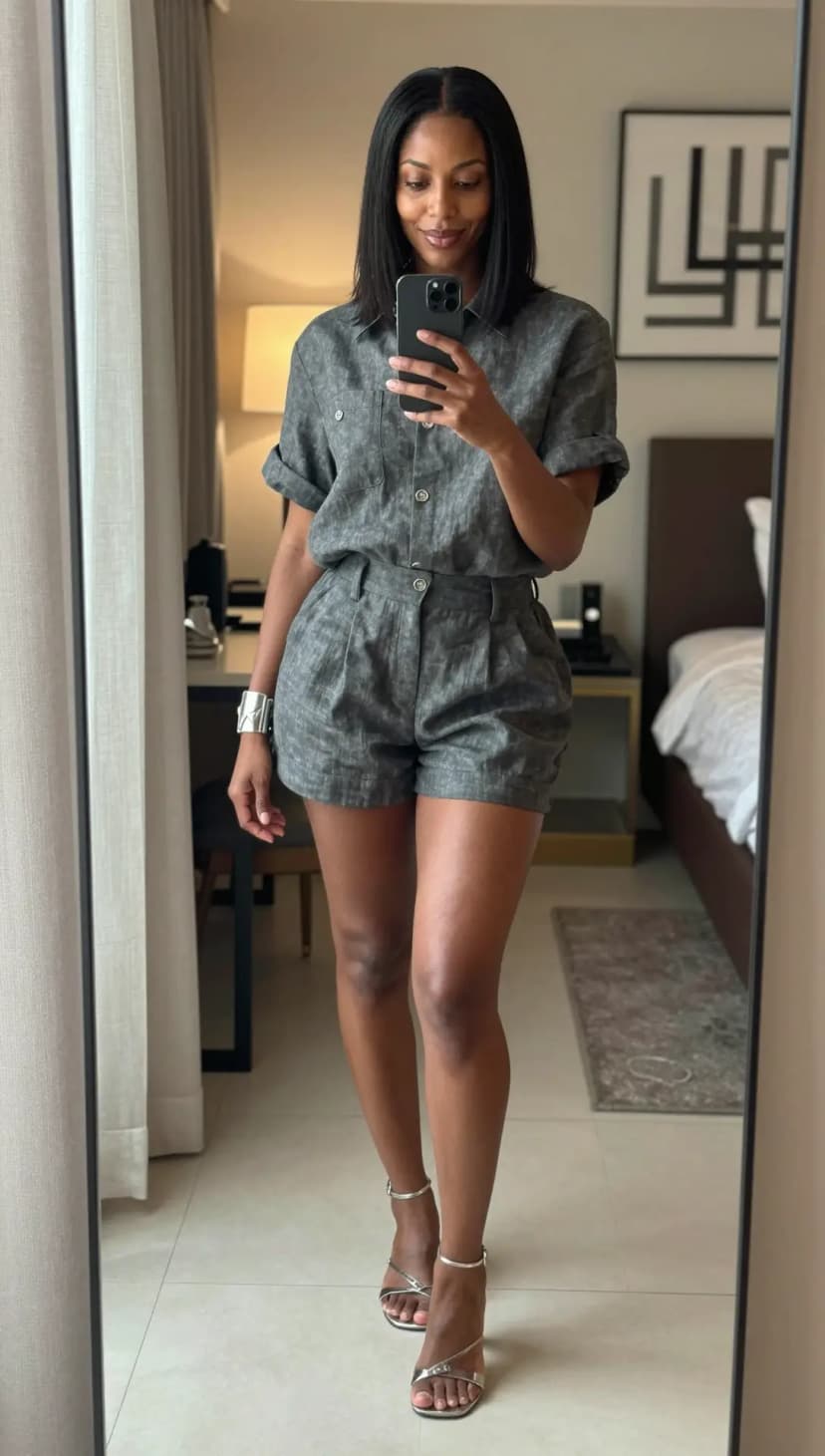 Charcoal Linen Button-Up Shirt + Charcoal Linen Wide-Leg Trousers + Silver Strappy Heels