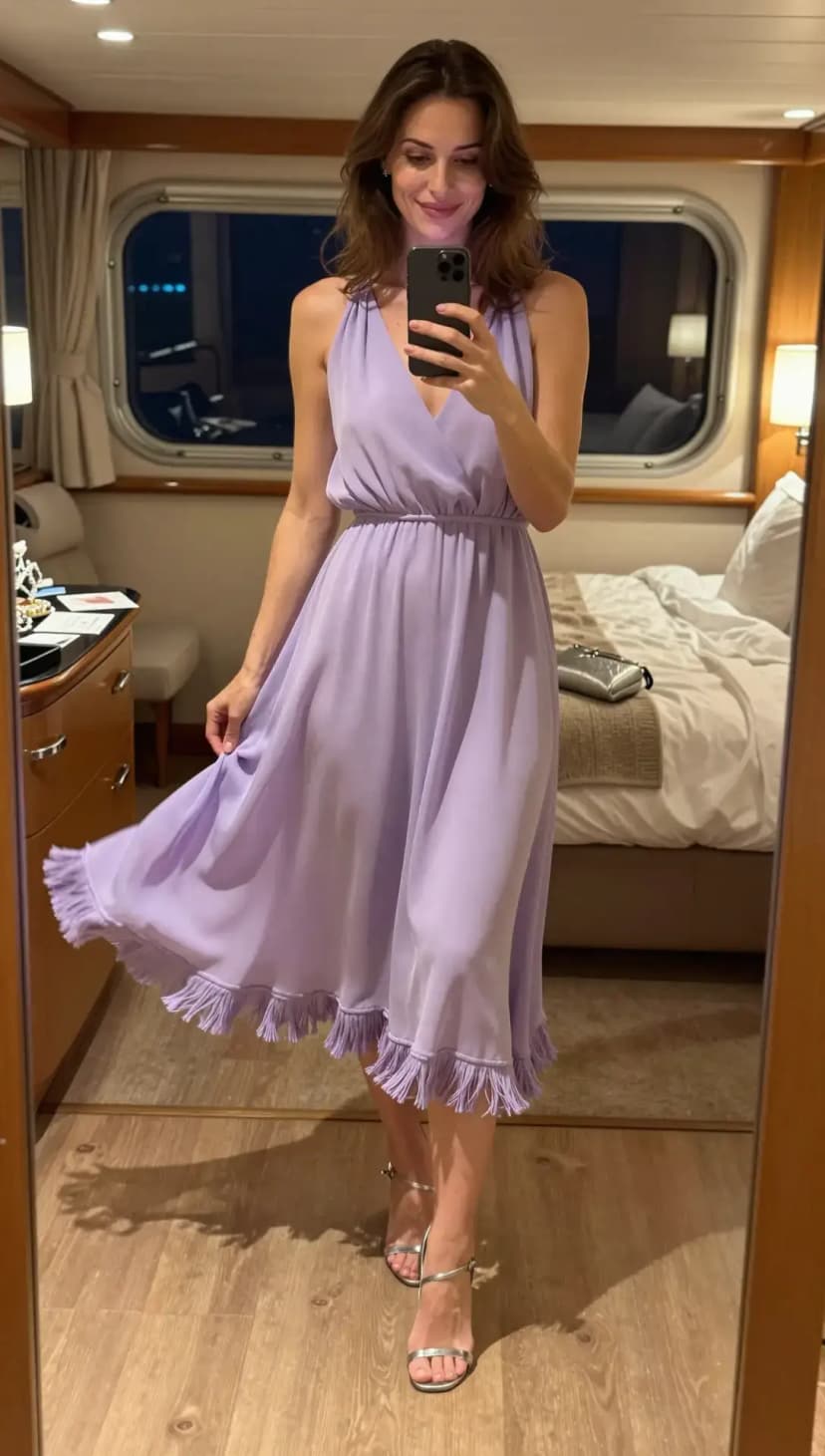 Lilac Chiffon Midi Dress + Silver Strappy Heels