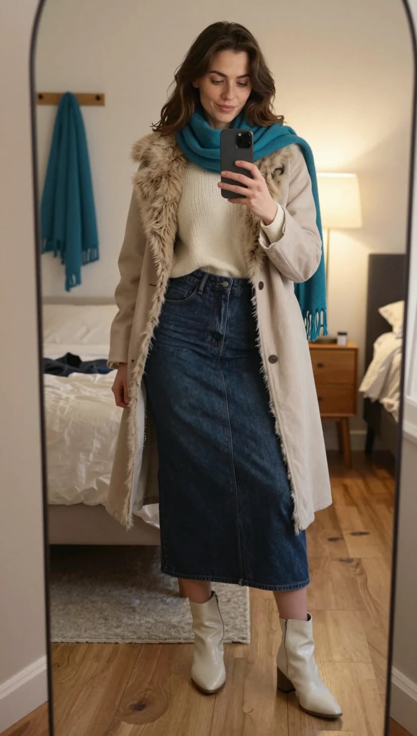 Cream Knit Sweater + Dark Wash Denim Maxi Skirt + Teal Faux Fur Coat + White Block Heel Boots