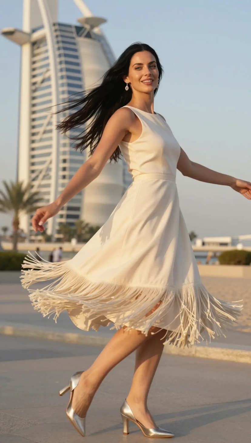 Cream Crepe Midi Dress + Silver Stiletto Heels