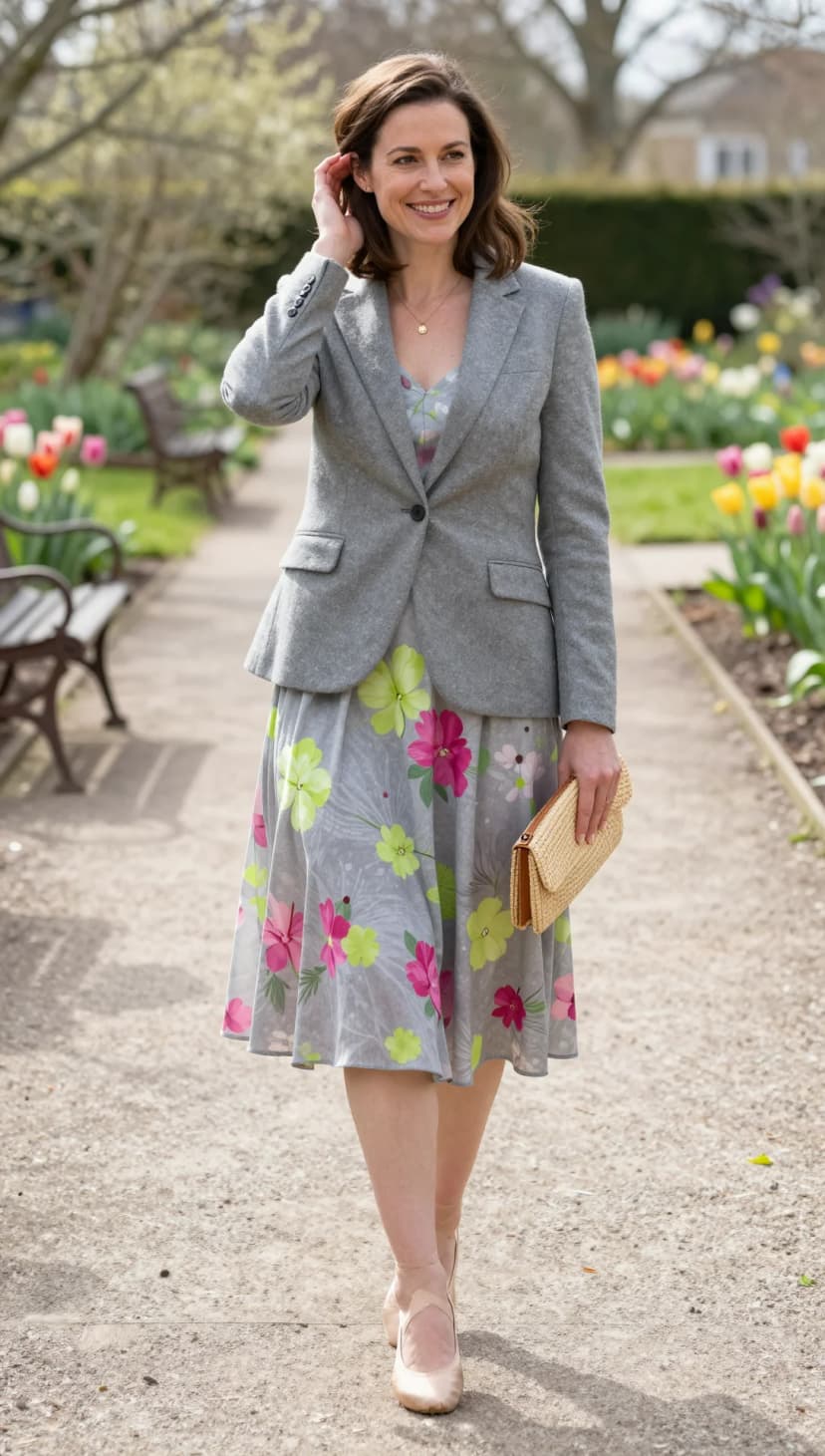 Grey Tweed Blazer + Floral Print Midi Skirt + Nude Ballet Flats