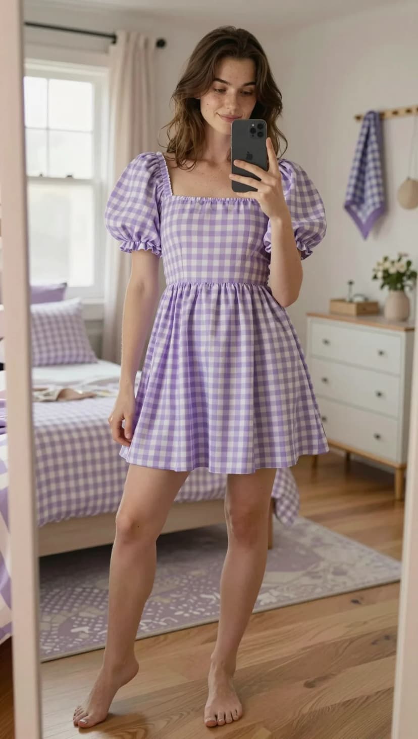 Purple Gingham Puff Sleeve Midi Dress + Lilac Block Heel Sandals