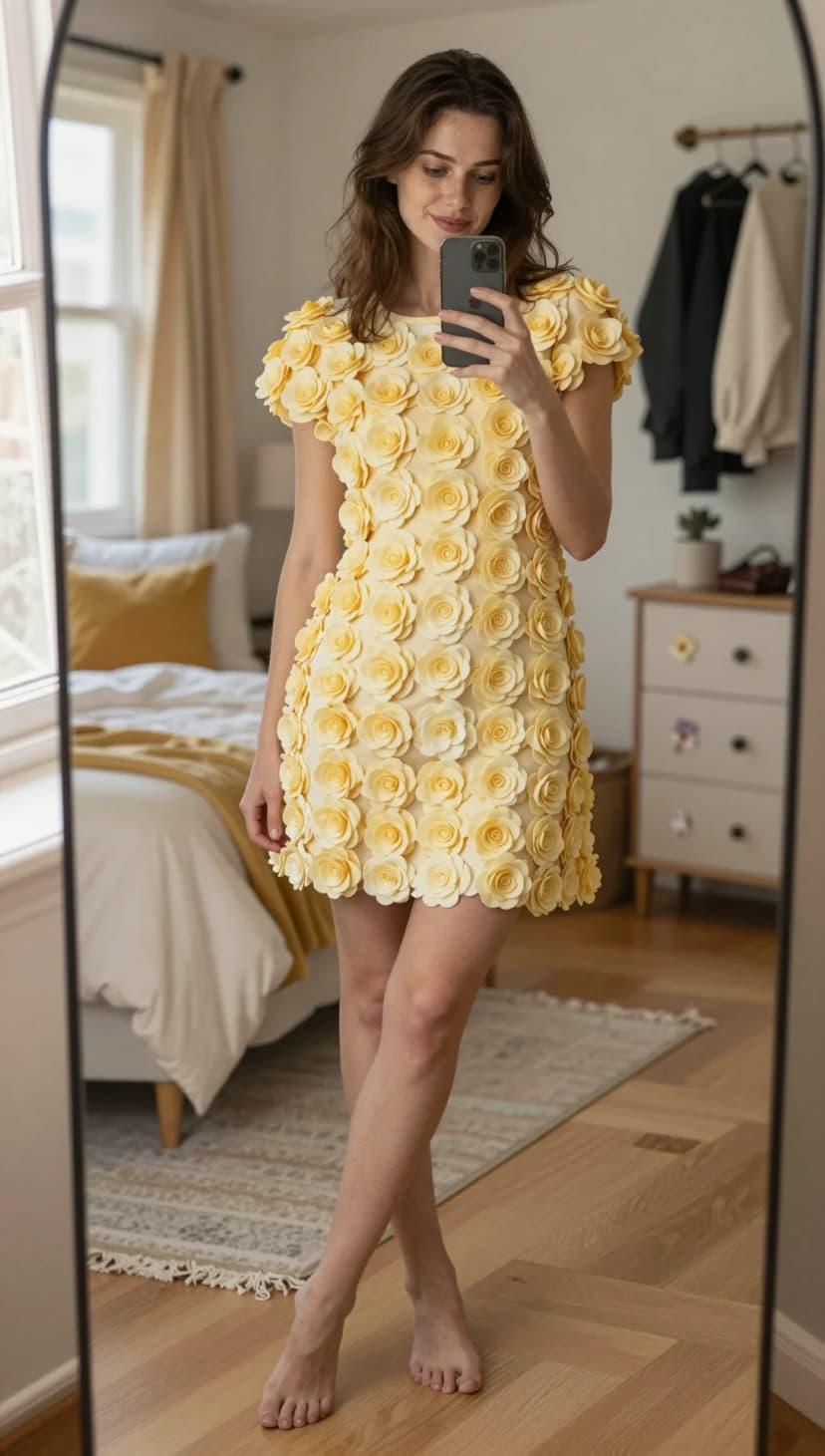 Yellow Floral Applique Mini Dress