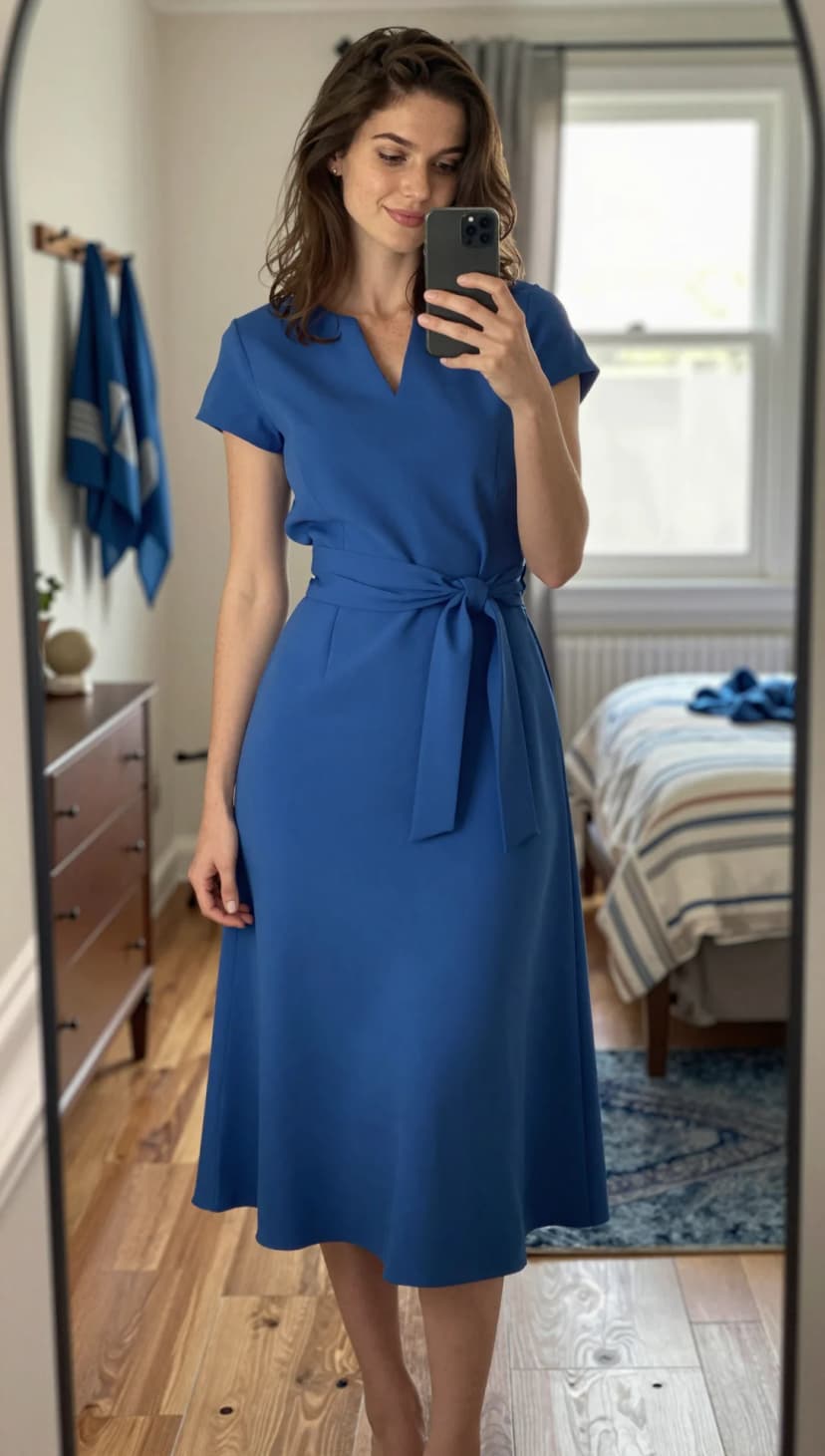 Royal Blue Crepe V-Neck Midi Dress