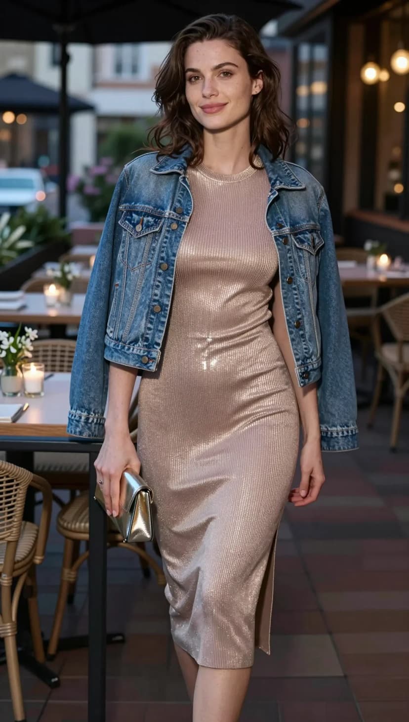 Nude Ribbed Knit Midi Dress + Gold Clutch