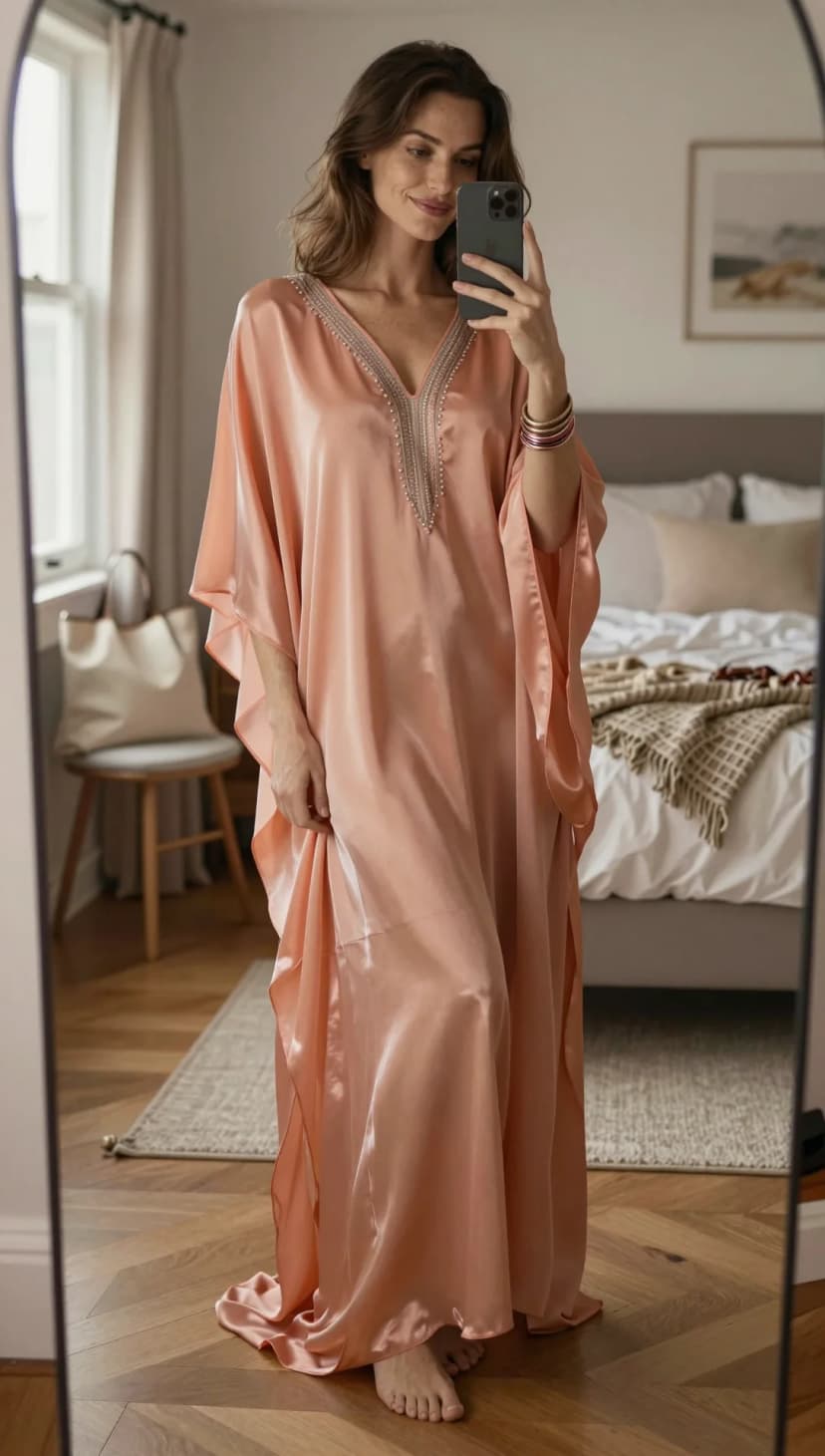 Peach Satin Kaftan + Silver Beaded Neckline