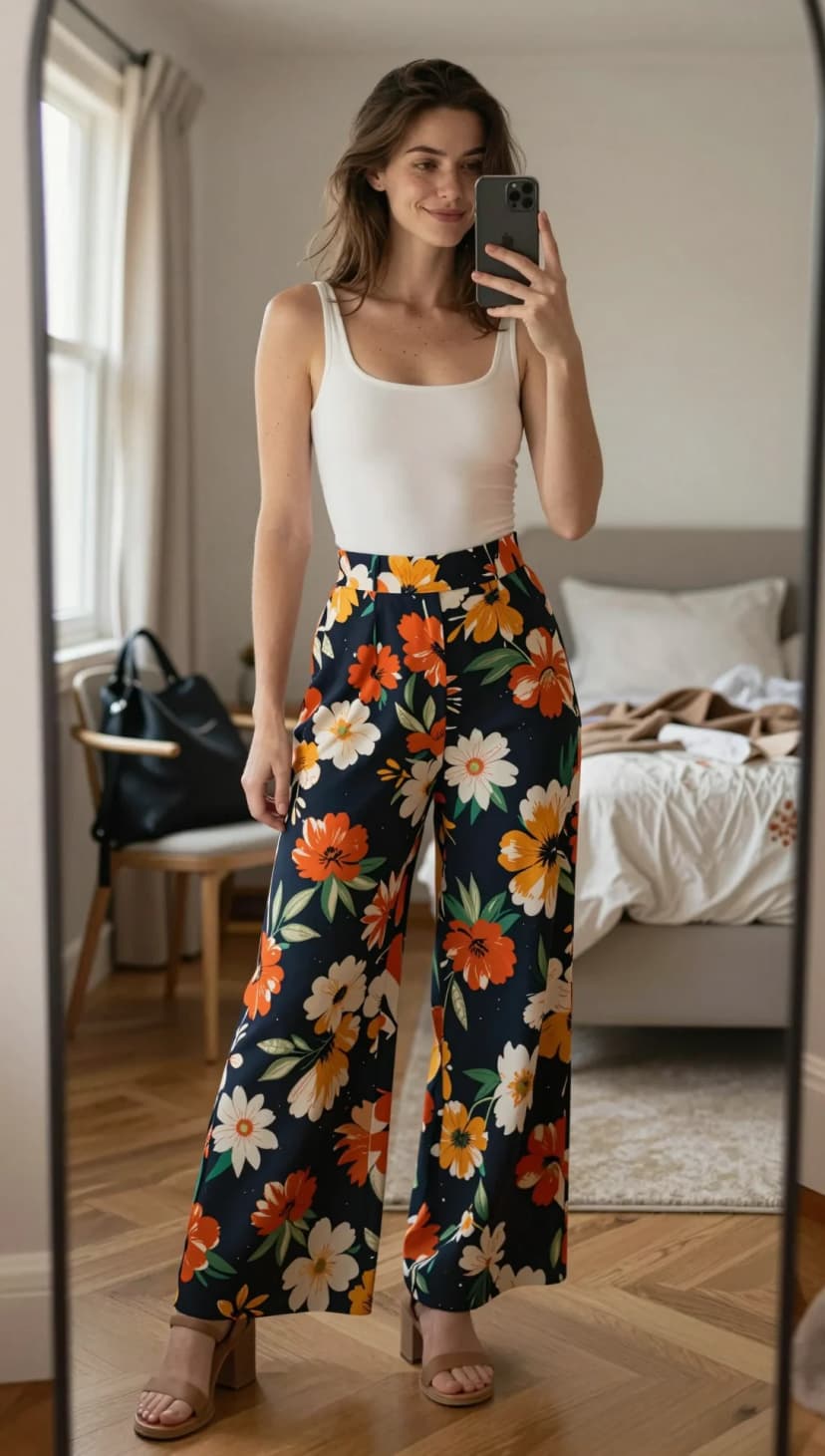 White Tank Top + Cream Floral Wide-Leg Pants + Tan Platform Sandals