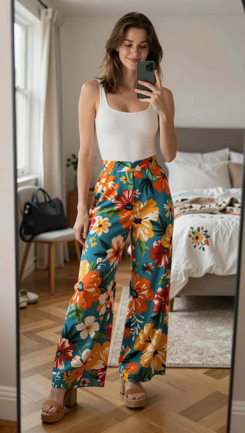White Tank Top + Cream Floral Wide-Leg Pants + Tan Platform Sandals
