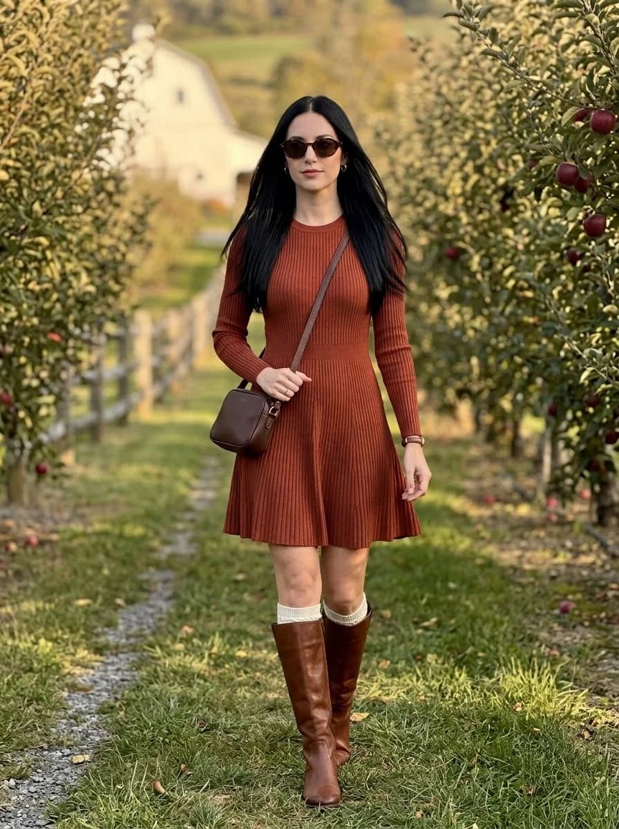 Rust ribbed knit dress with brown leather knee-high boots and white boot cuffs