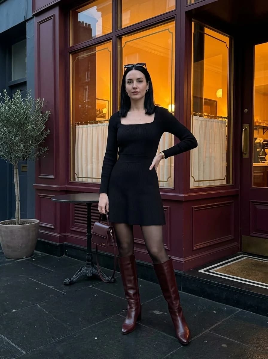 Black ribbed knit square-neck dress with burgundy patent leather knee-high boots