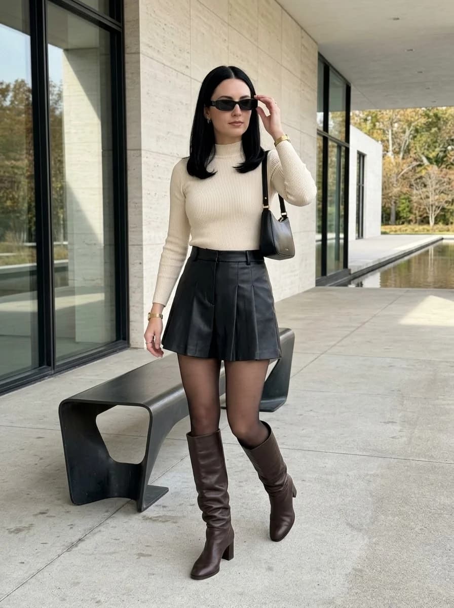 Cream ribbed turtleneck sweater with black faux leather pleated mini skort