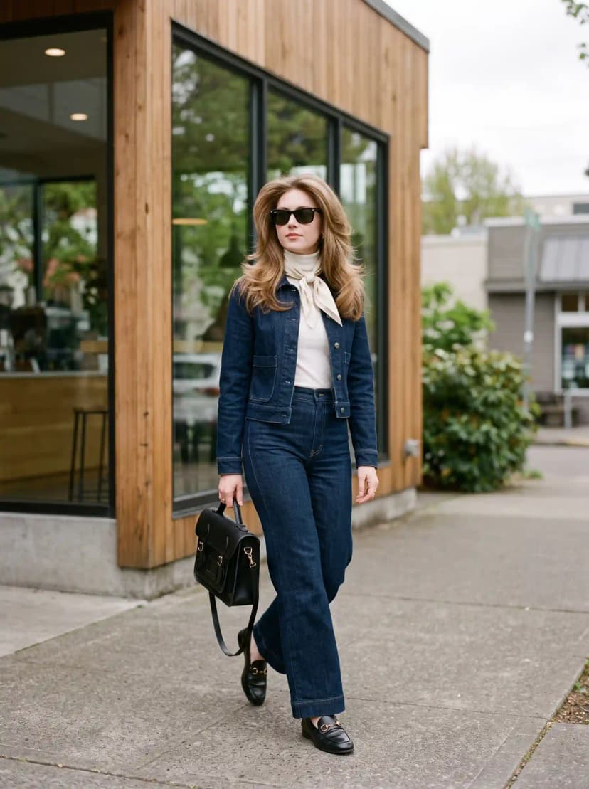Cream Bow Blouse + Denim Jacket + Dark Indigo Jeans