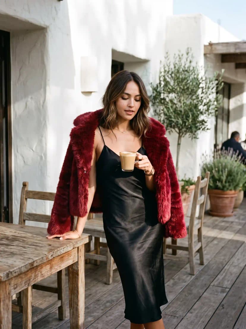 Black Satin Slip Dress + Burgundy Faux Fur Jacket