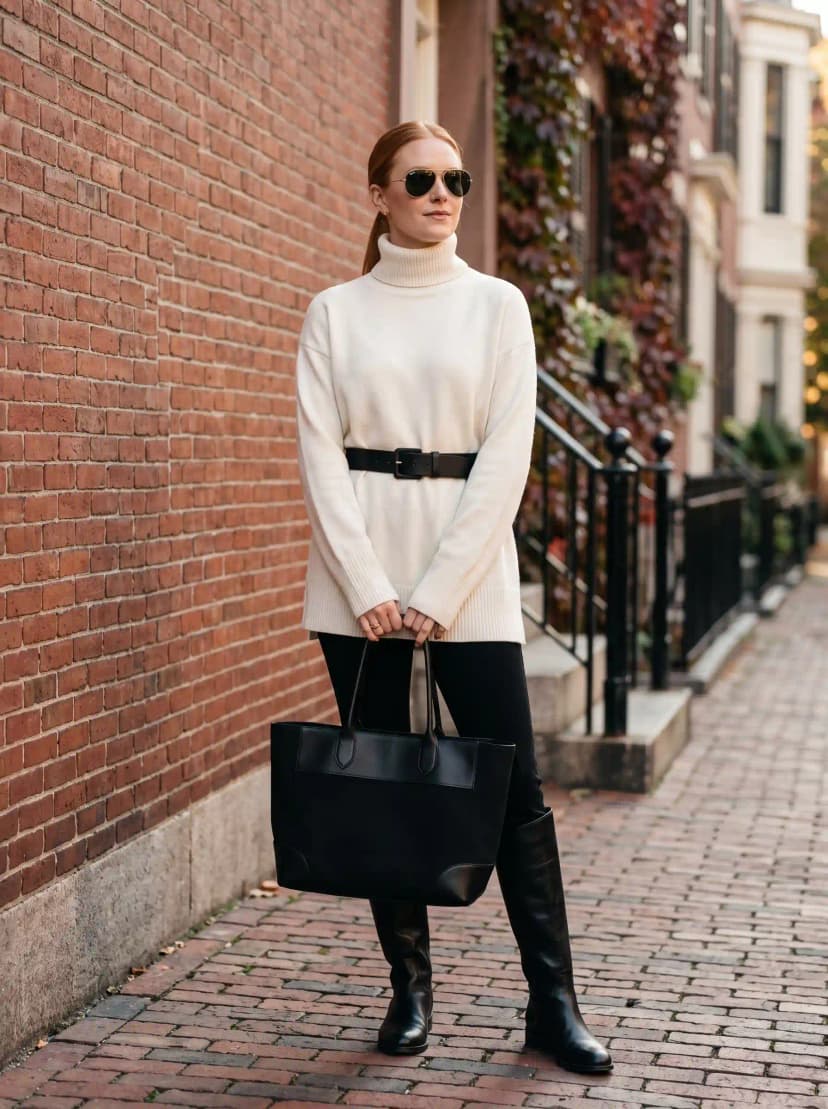 Cream Oversized Turtleneck + Black Belt + Knee-High Boots