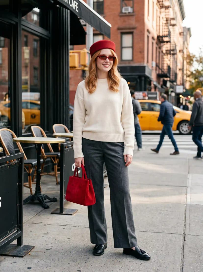 Cream Sweater + Charcoal Wide-Leg Trousers + Red Beret
