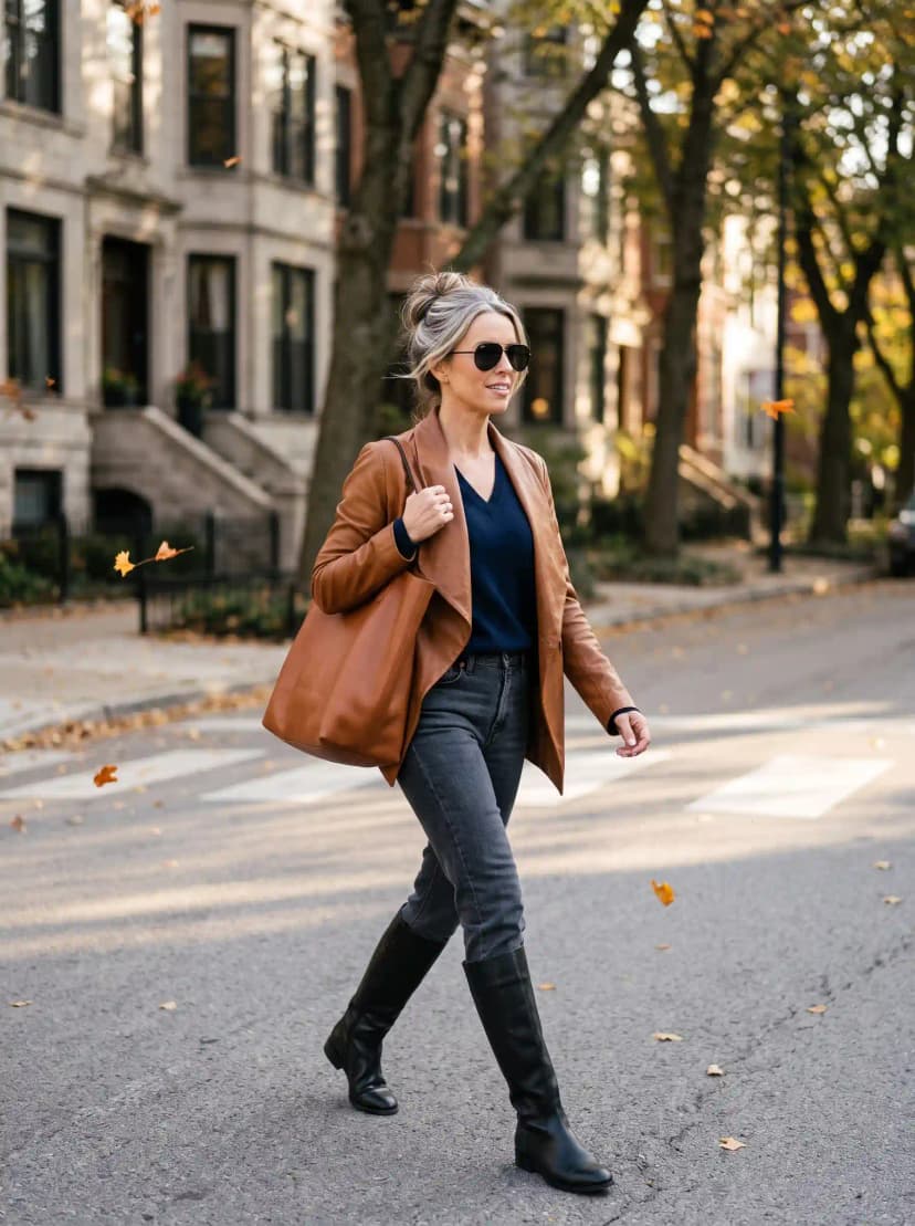 Cognac Leather Jacket + Navy V-Neck Sweater + Black Jeans