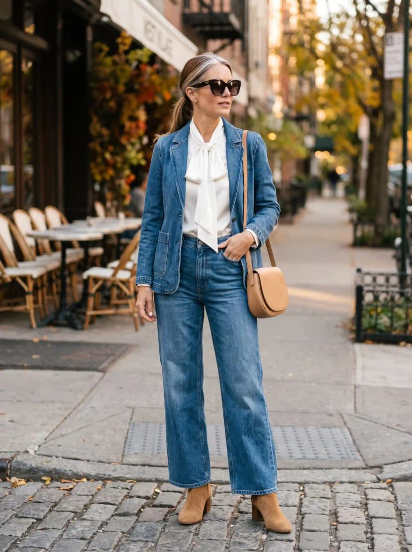 Denim Blazer + White Bow Blouse + Wide-Leg Jeans