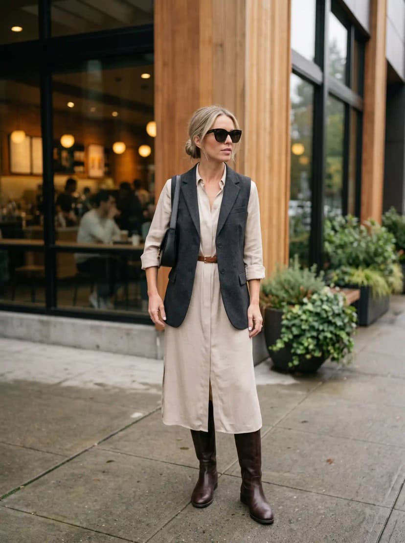 Charcoal Vest + Oatmeal Shirt Dress + Brown Knee-High Boots