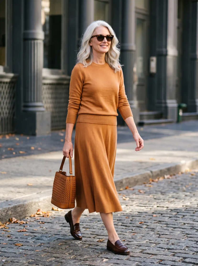 Camel Crewneck Sweater + Camel Midi Skirt