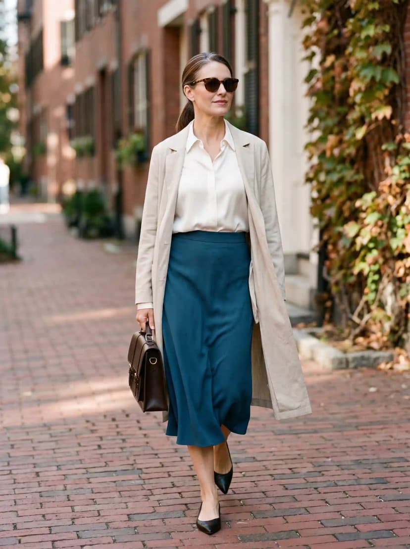 Beige Trench Coat + Cream Blouse + Teal Satin Midi Skirt