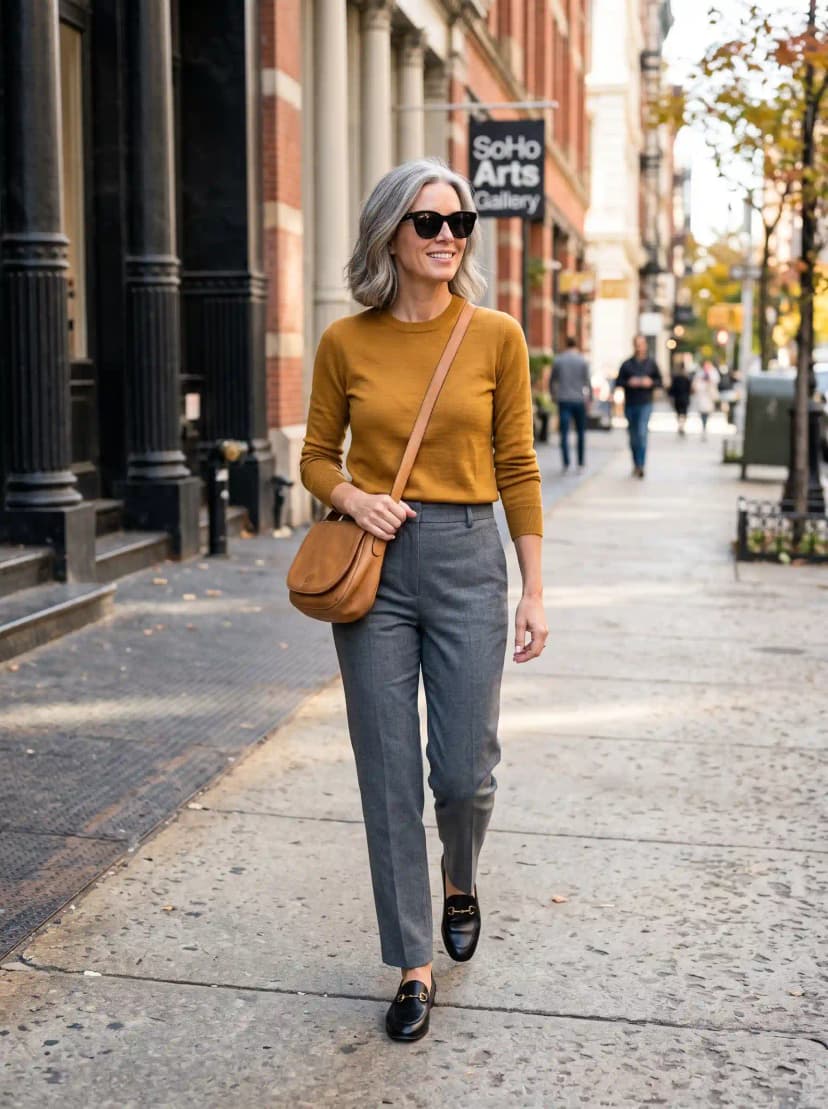 Mustard Crewneck Sweater + Gray Tailored Trousers