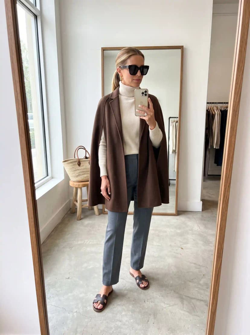Brown Cape + Oatmeal Turtleneck + Gray Trousers
