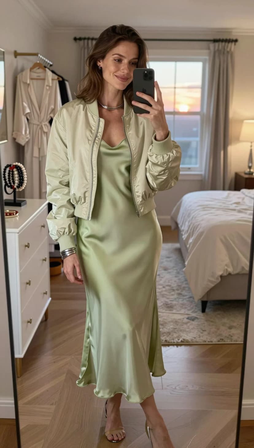 Cream Satin Bomber Jacket + Light Green Satin Slip Dress + Silver Metallic Heels