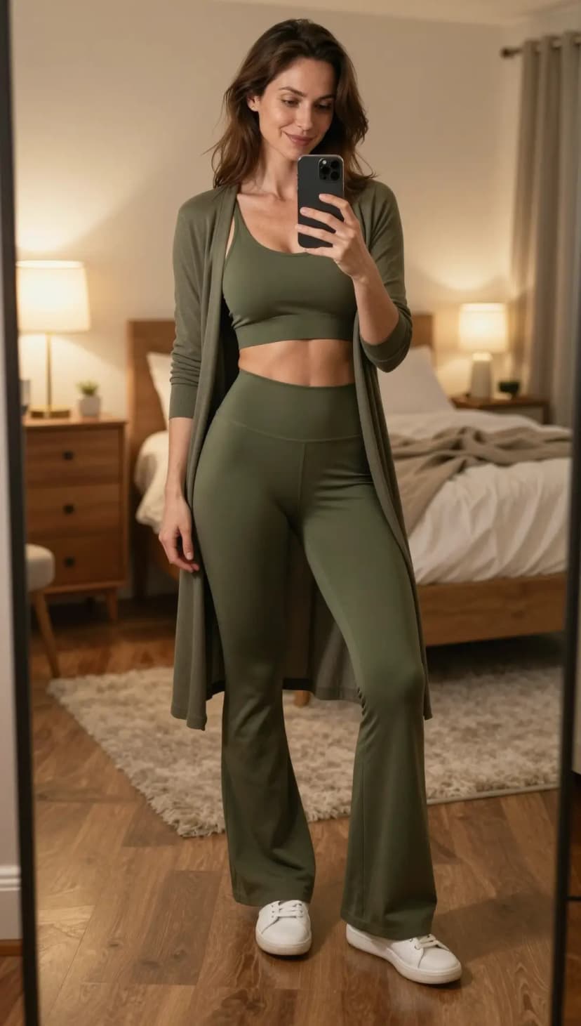 Olive Ribbed Knit Sports Bra + Olive Ribbed Knit Flare Leggings + Beige Knit Duster Cardigan