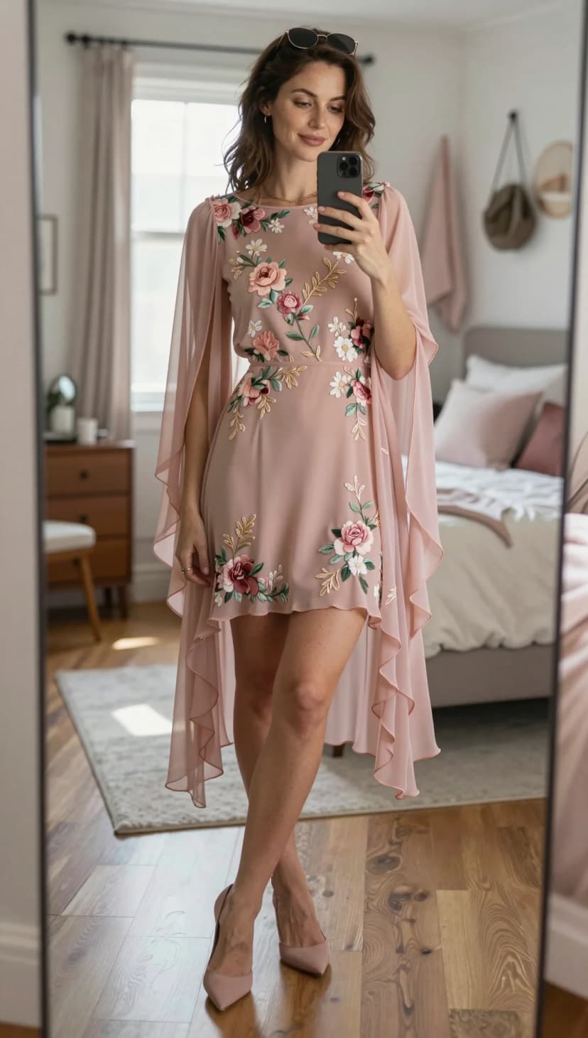 Blush Chiffon Embroidered Maxi Dress + Blush Satin Heels + Woven Clutch