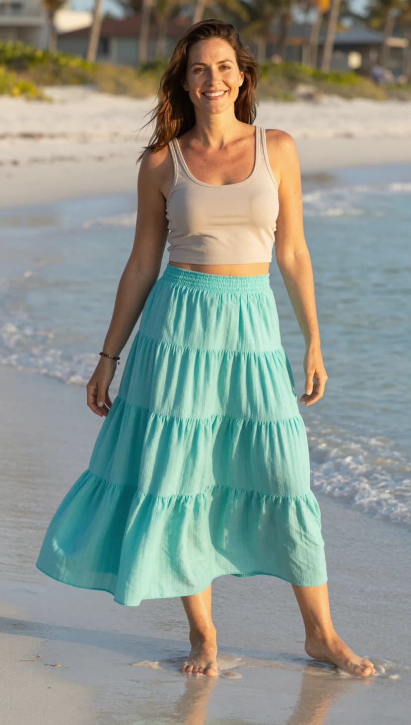 Beige Ribbed Tank Top + Teal Tiered Maxi Skirt
