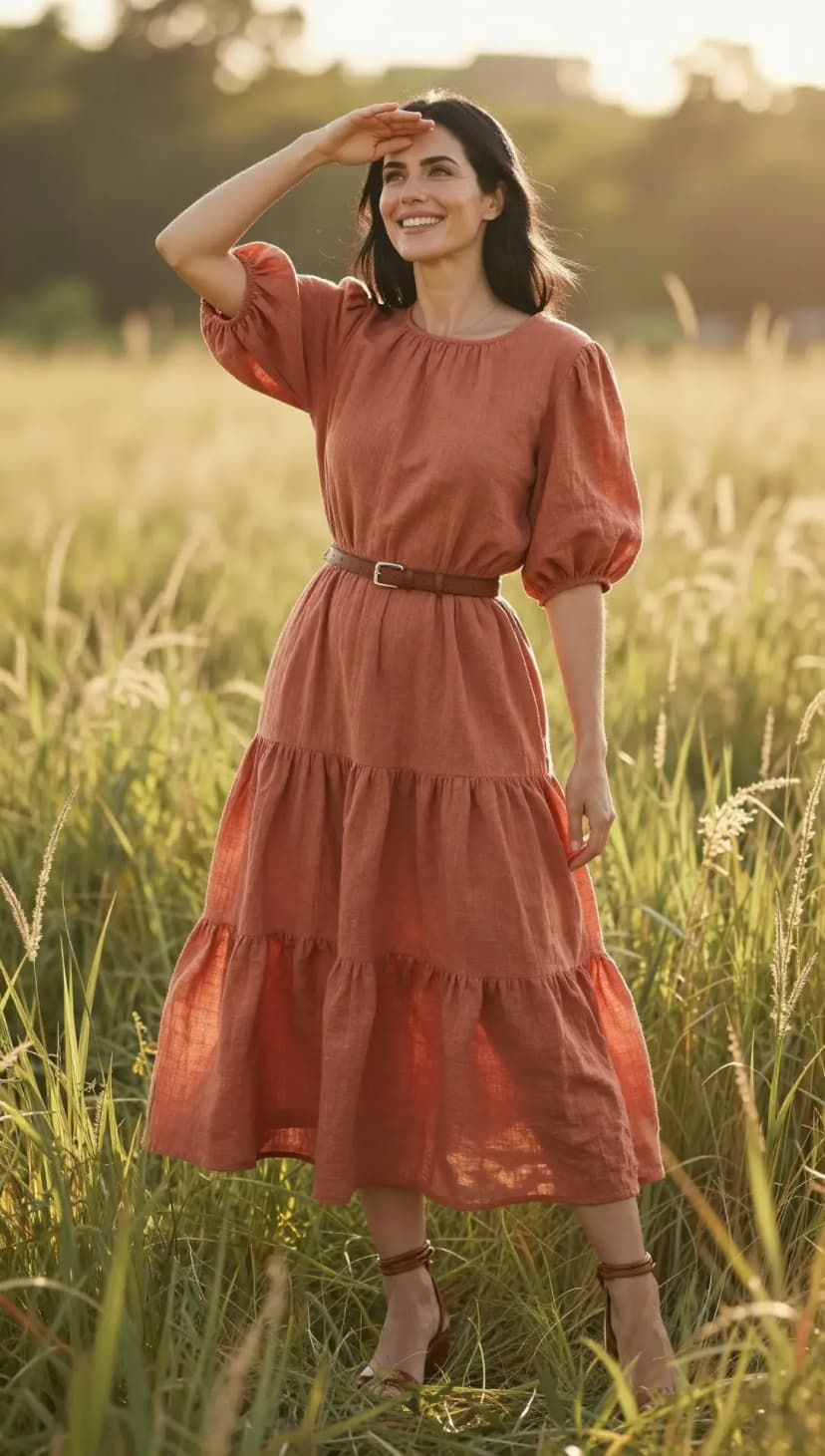 Terracotta Linen Tiered Midi Dress