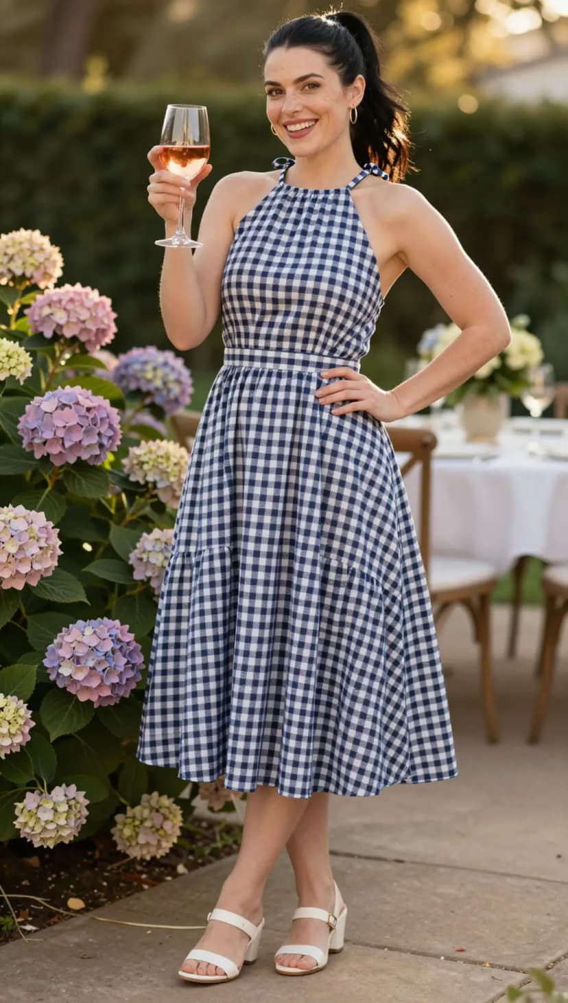 Blue Gingham Cotton Halter Dress