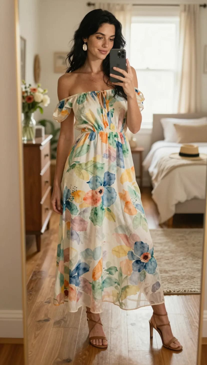Blue Floral Chiffon Off-the-Shoulder Dress