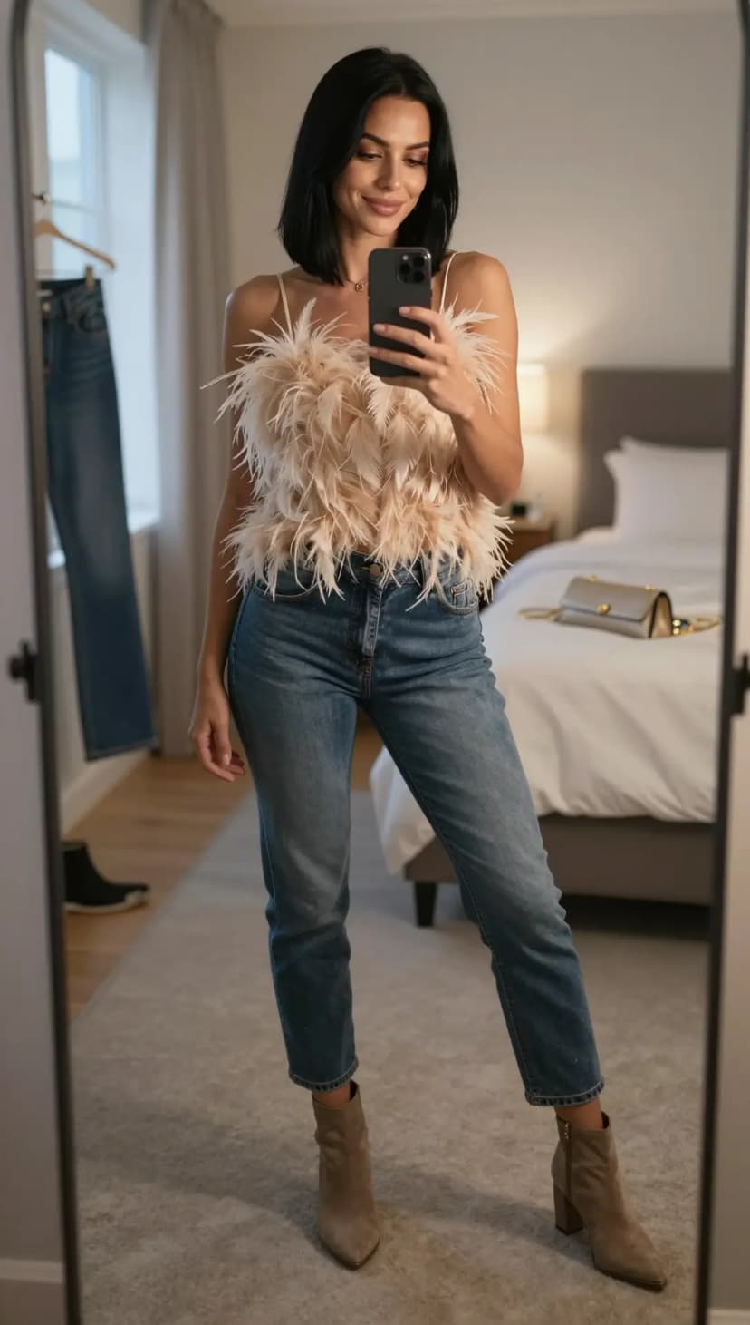Cream Feather Crop Top + Light Wash Straight Leg Jeans + Taupe Suede Ankle Boots