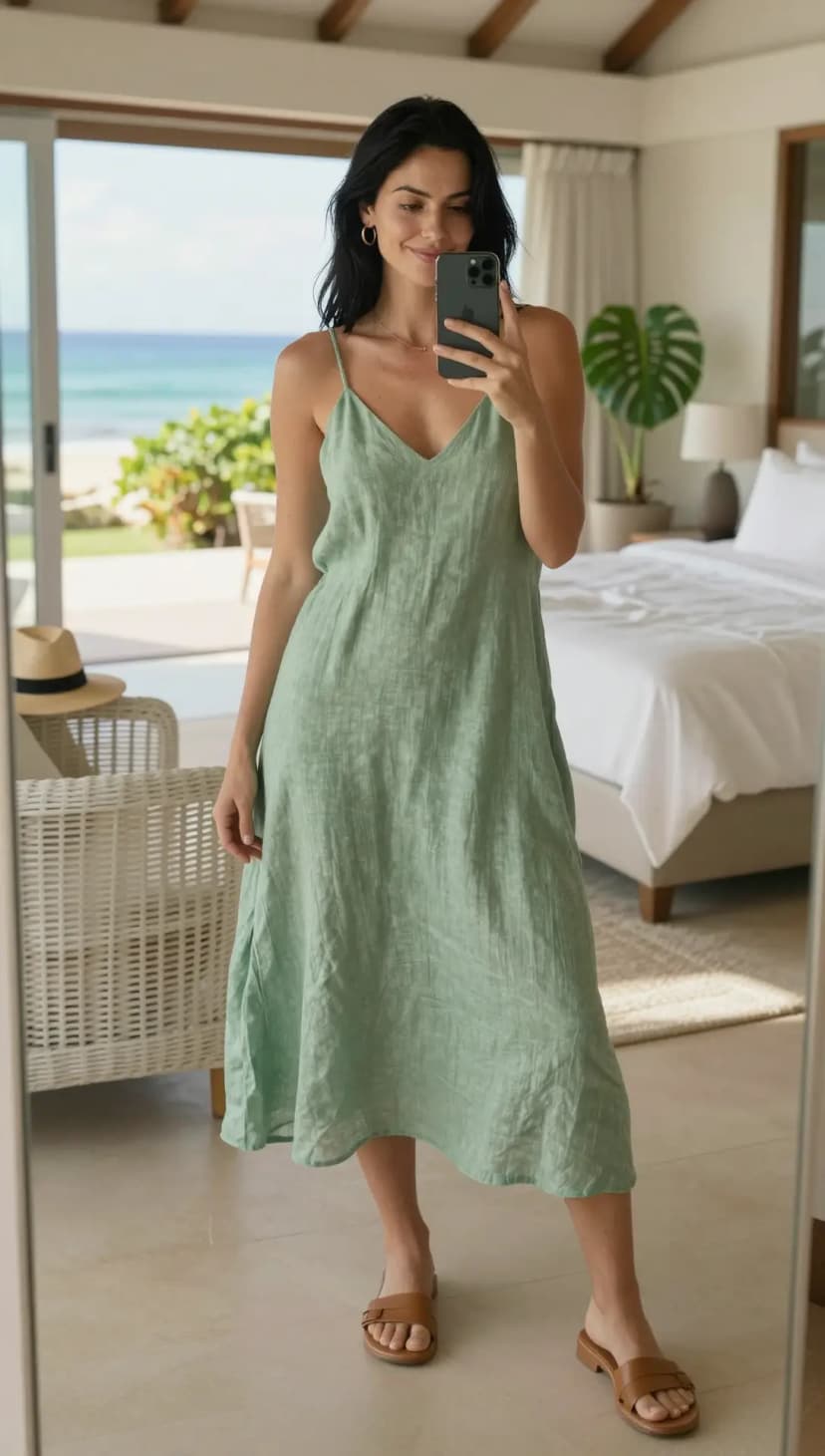 Sage Linen Slip Dress + Tan Leather Slides