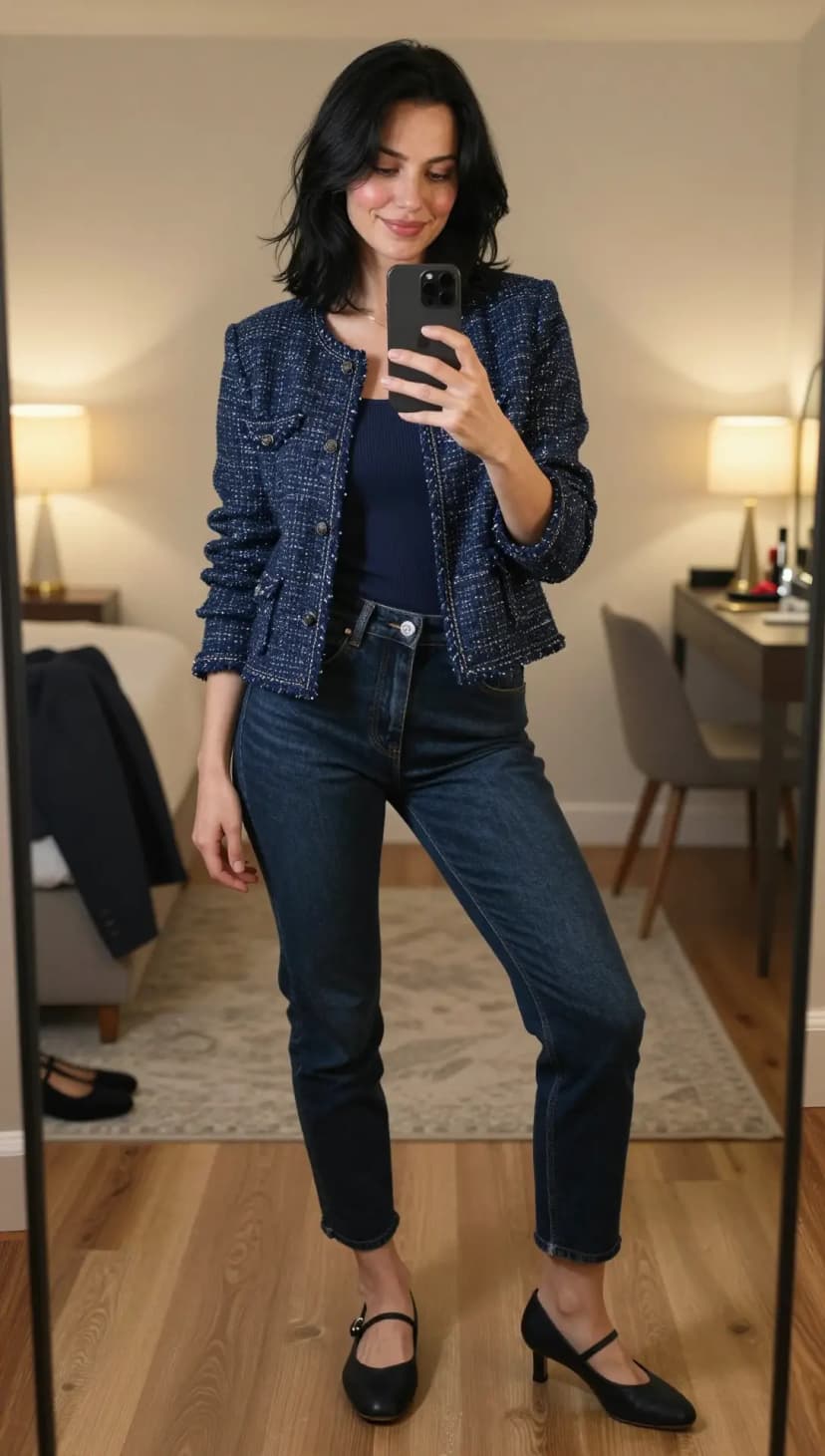 Navy Tweed Cropped Jacket + White Ribbed Tank Top + Dark Wash Straight Leg Jeans