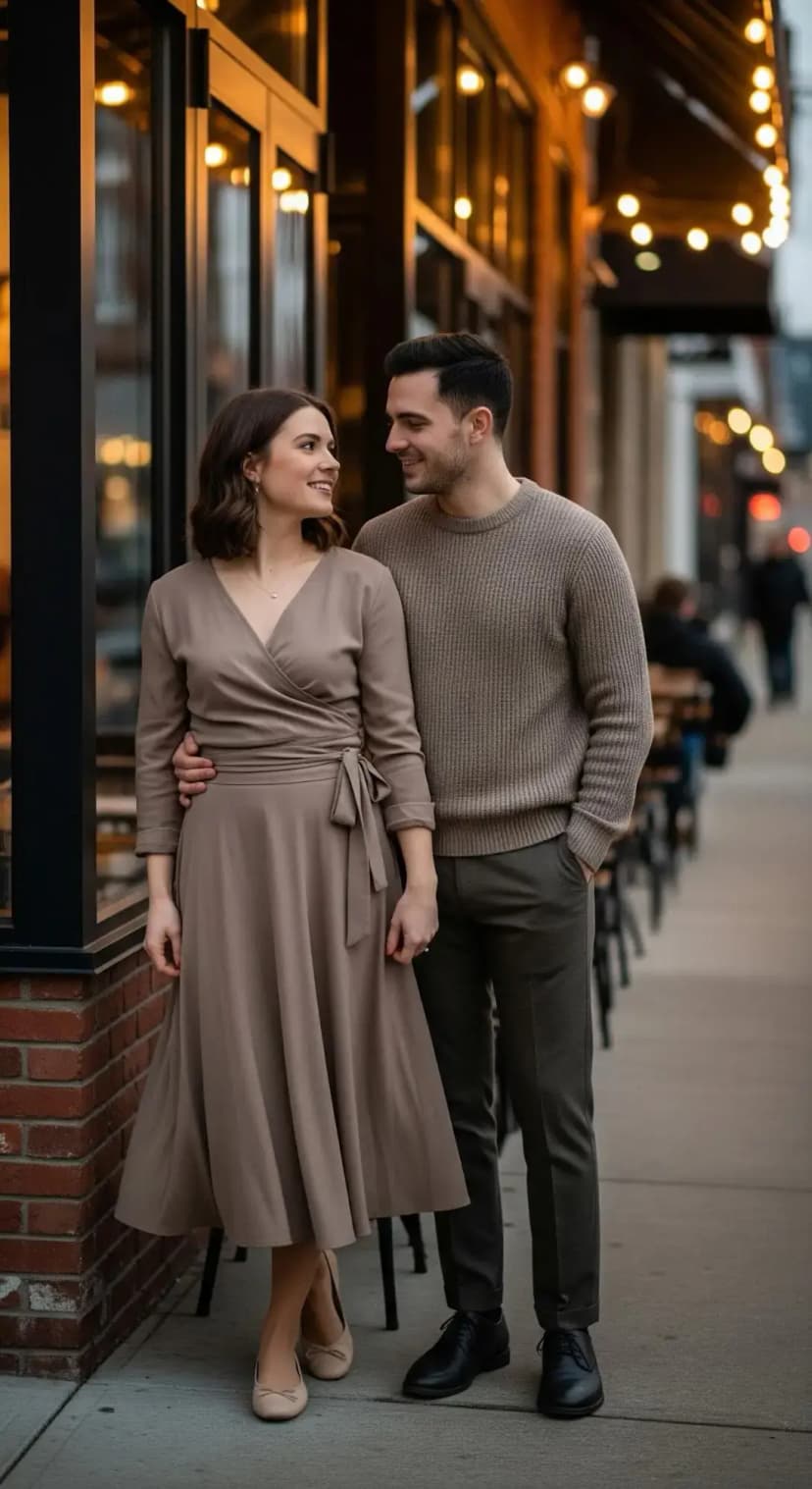 Taupe Wrap Dress | Oatmeal Knit Sweater + Charcoal Trousers