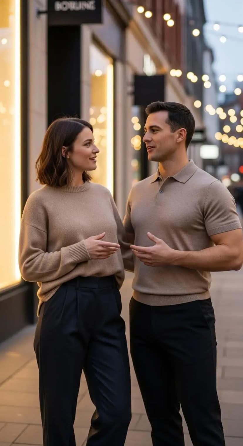 Beige Knit Sweater + Navy Trousers | Beige Knit Polo + Navy Trousers