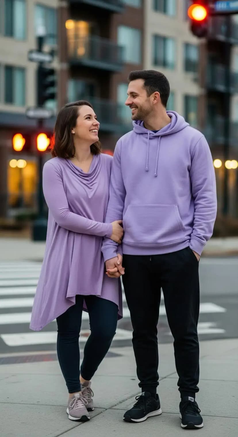 Lavender Knit Tunic + Black Jeggings | Lavender Pullover Hoodie + Black Joggers