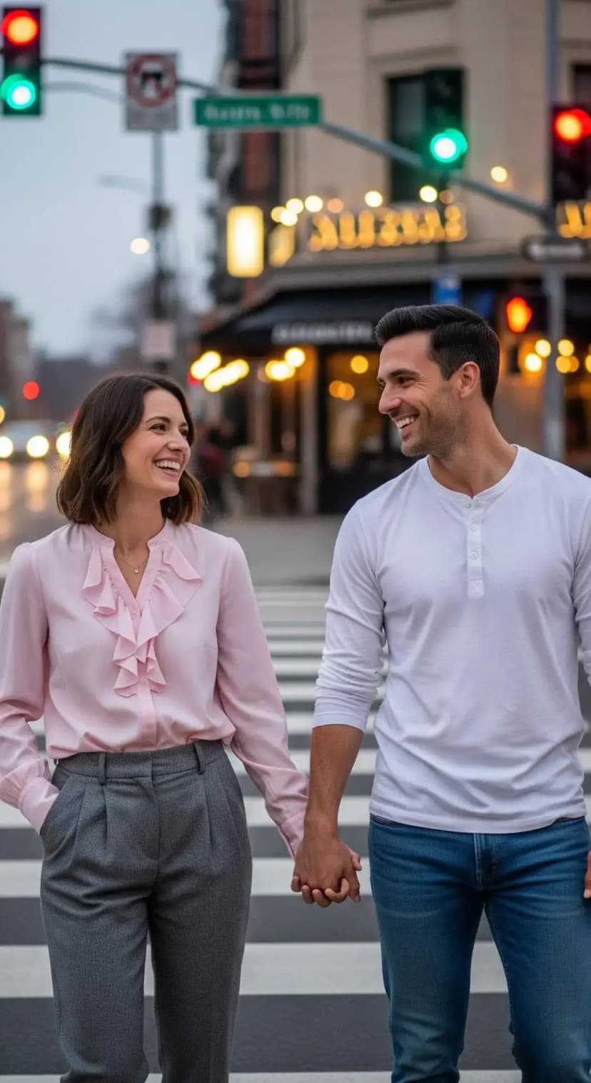 Pink Ruffle Blouse + Grey Wool Trousers | White Cotton Henley + Blue Denim Jeans