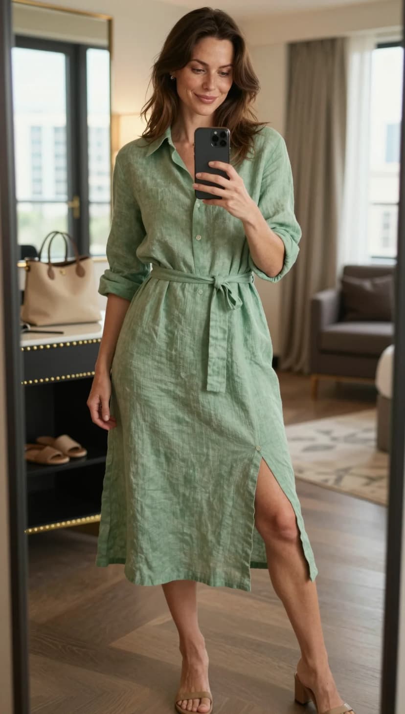 Sage Linen Shirt Dress + Tan Block Heel Mules