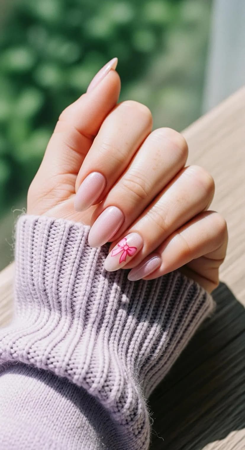 Sheer Pink Bow Detail + Subtle Shimmer Almond