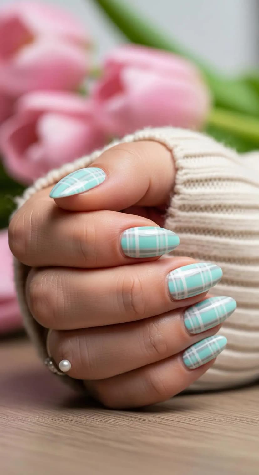 Mint Green Plaid Almond Nails
