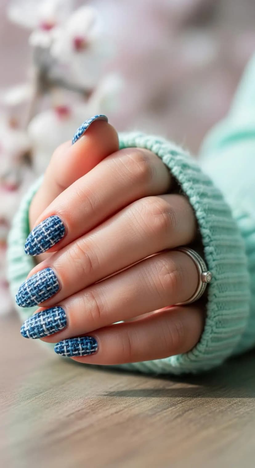 Blue Tweed Texture French Tip