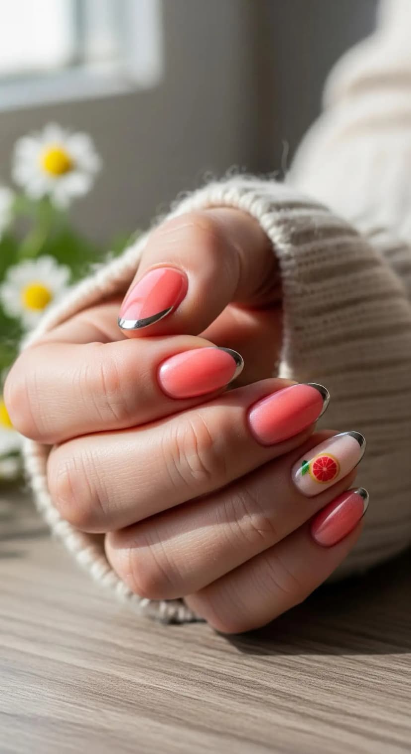 Coral French Tip + Grapefruit Accent