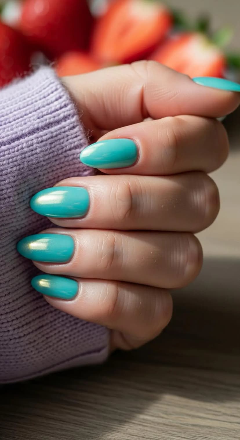 Teal Chrome and Gold Swirl Almond Nails