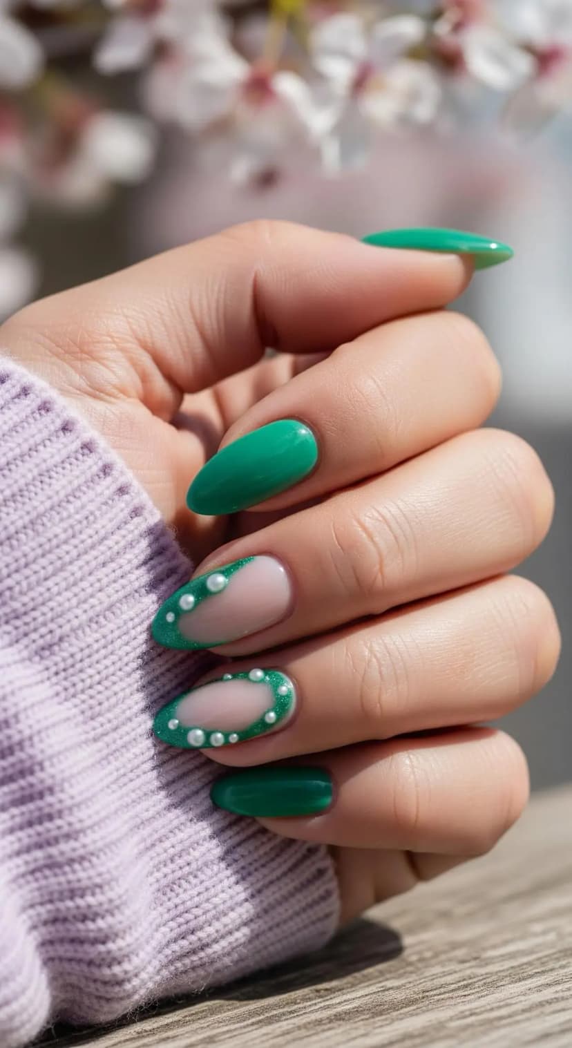Emerald Green French Tip + Pearl Accents