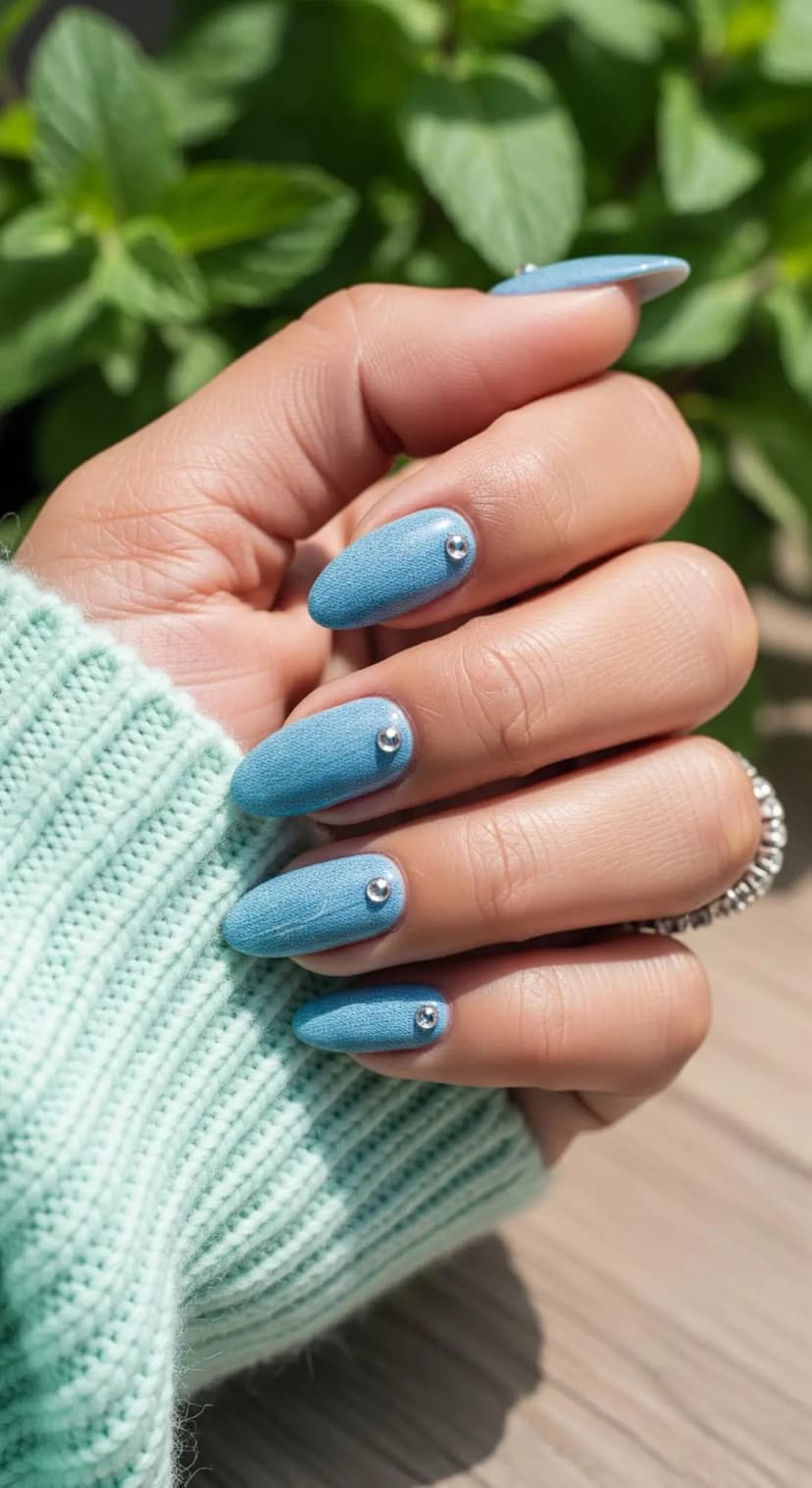 Light Blue Textured Denim + Rhinestone Accents