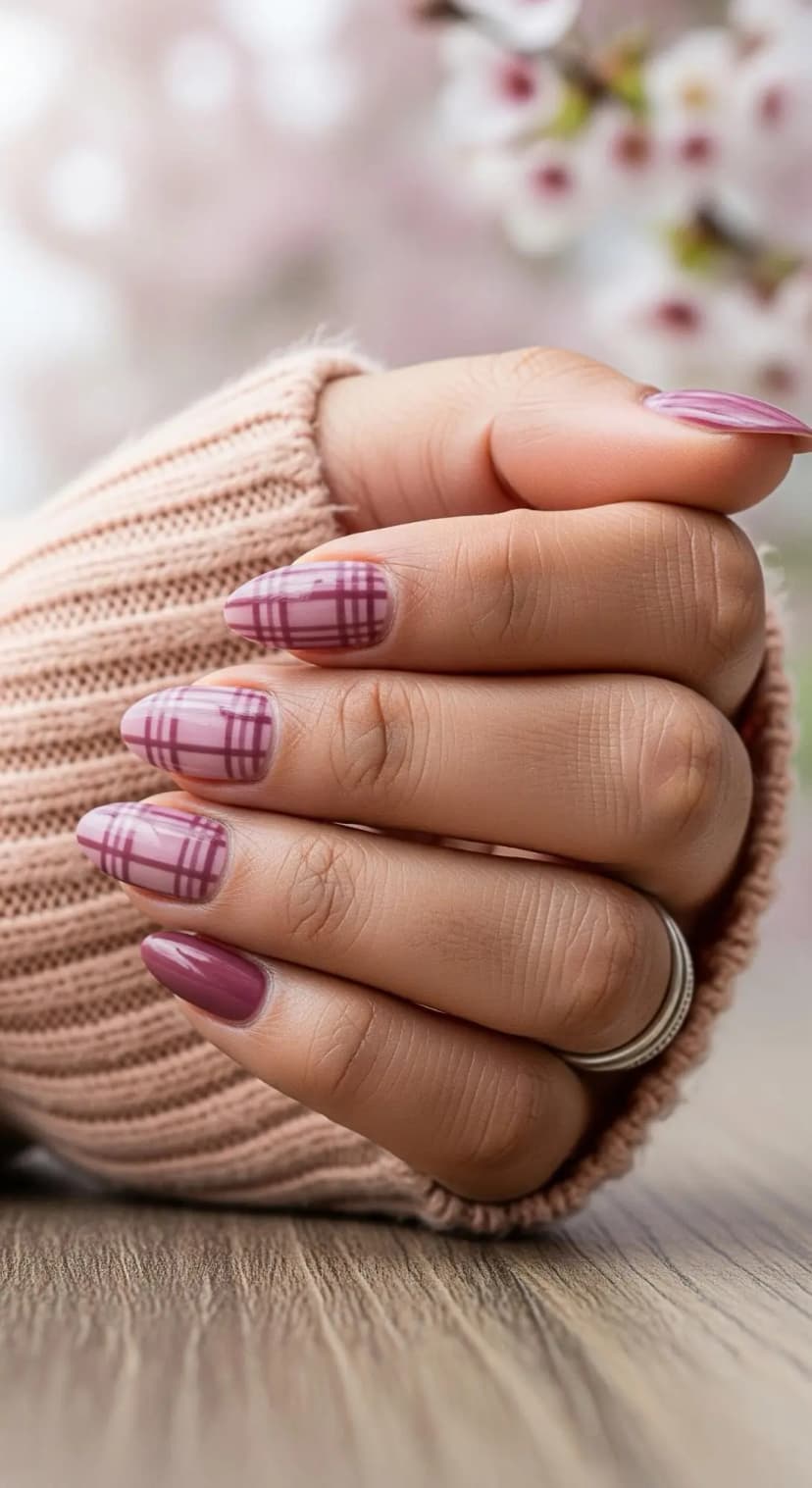 Dusty Rose Plaid French Tip + Mauve Solid Oval